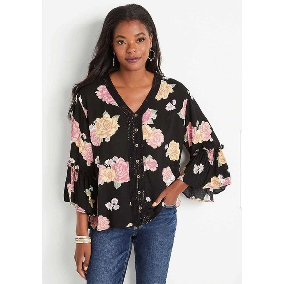 Maurices Tops - New Without Tags Maurices XL Rose Pattern Bell Sleeved Button-Down Gauzy Blouse